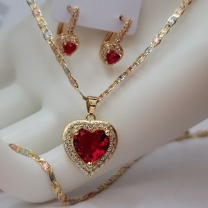 Mother's day gift chain with earrings red stone heart